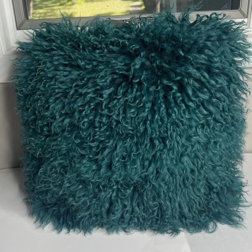 CB2 16 x 16 Mongolian Sheepskin Pillow with Feather Pillow Insert Teal Green